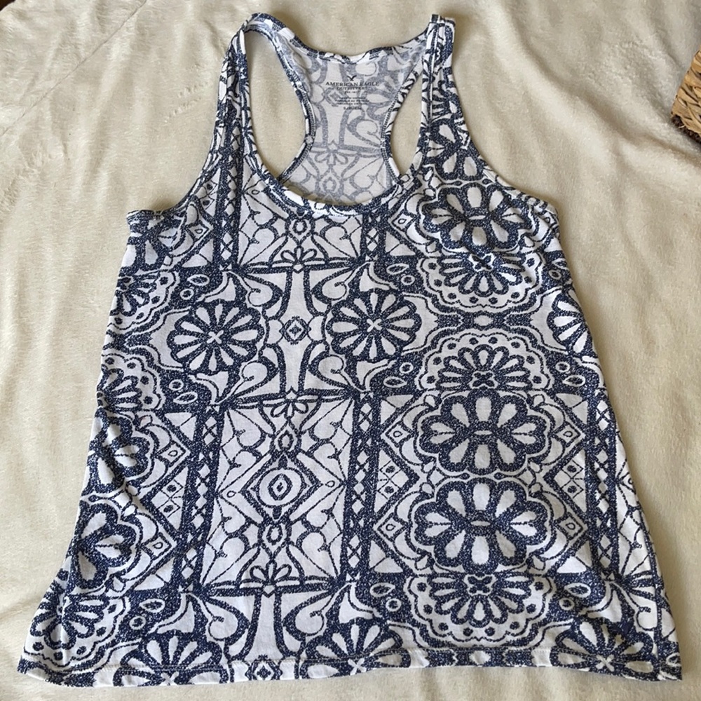 American Eagle Blue & White Tank Top Flower Floral Design Size Small